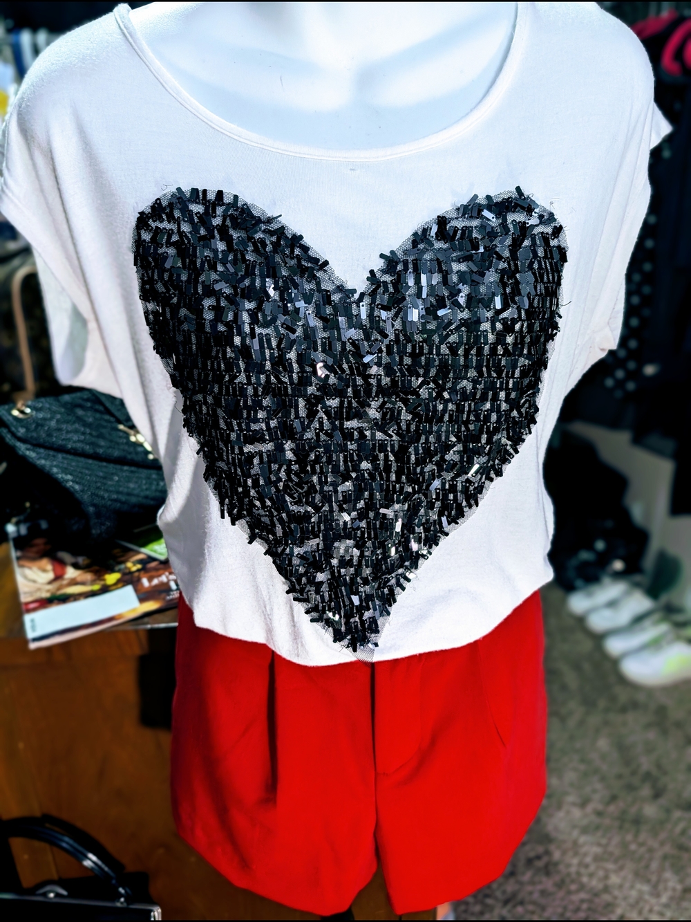 The Classic White Short Sleeve Tee with Black Sequin Heart